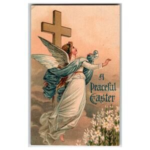 Vintage Embossed Angel & Cross Easter Postcard Made in Germany